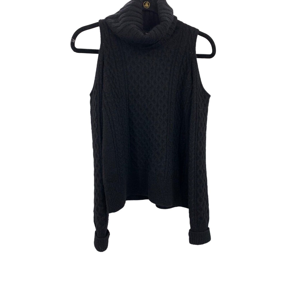 Theory Womens LS Cold Shoulder‎ Cable Knit Turtleneck Sweater Black P